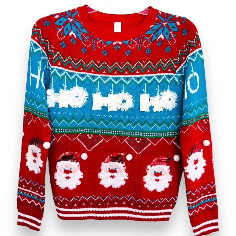 No Boundaries Size L (11-13) Junior Ho Ho Snowflake Santa Christmas Sweater NWT